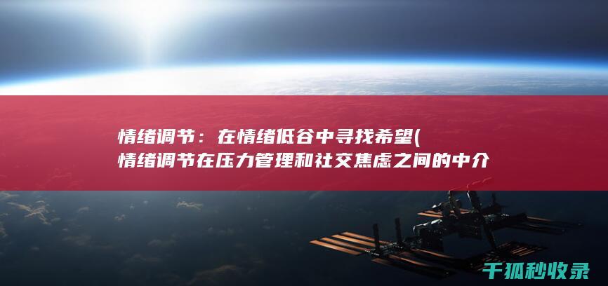 情绪调节：在情绪低谷中寻找希望 (情绪调节在压力管理和社交焦虑之间的中介作用本文)